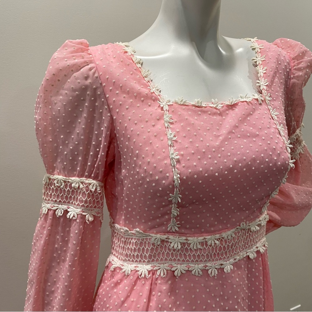 VINTAGE J.C. Penney Pink & White Swiss Dot Princess Floral 1976 Maxi Dress - Picture 3 of 11
